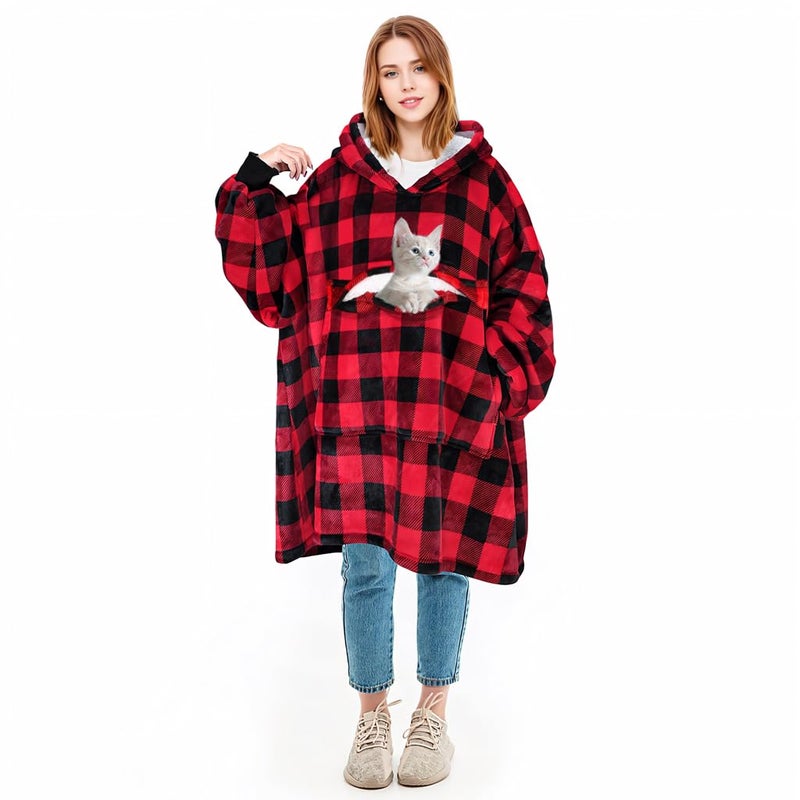 Solaris Oversized Wearable Blanket Hoodie with Pet Pocket, Warm Super Soft Cozy Sherpa Sweatshirt Hoodie for Women Men, Best Gift for Your Loves, Red Plaid - Image 1